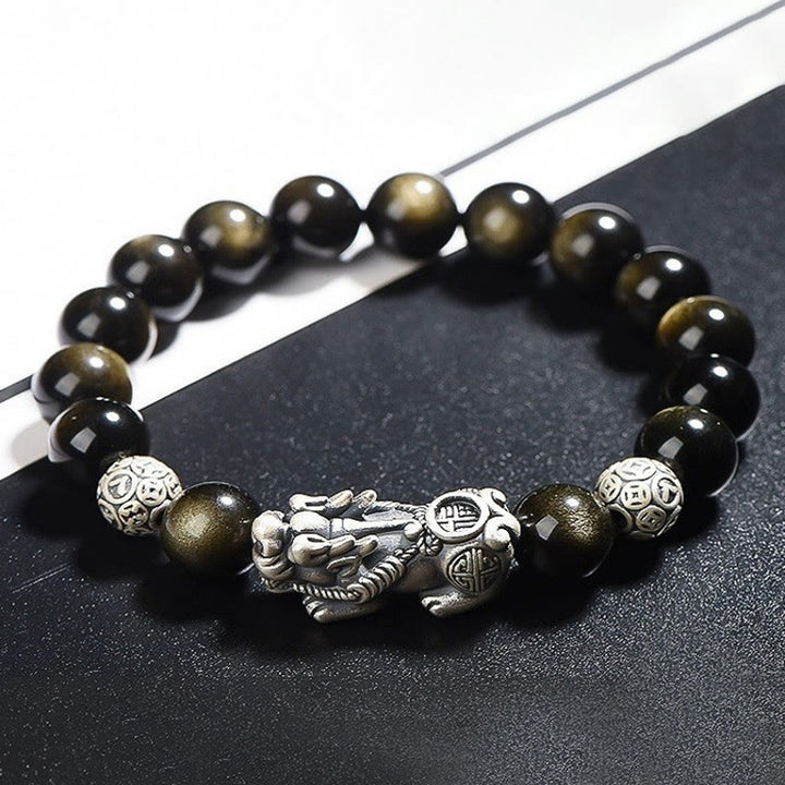 Braccialetto di protezione della ricchezza PiXiu in ossidiana naturale lucidata in argento sterling 925 Buddha Stones