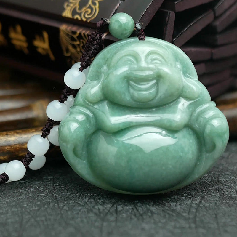 Collana con ciondolo di perline di corda di giada ciano Buddha che ride - image 2