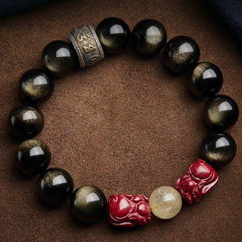 Braccialetto di protezione Om Mani Padme Hum in ossidiana lucida dorata Buddha Stones PiXiu Cinnabar