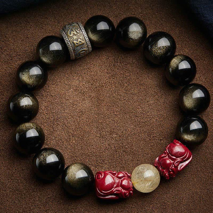 Braccialetto di protezione Om Mani Padme Hum in ossidiana lucida dorata Buddha Stones PiXiu Cinnabar