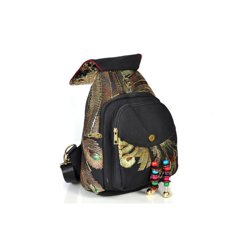 Zaino in tela con nappa e ricamo di pavone Buddha Stones
