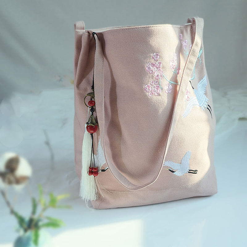 Buddha Stones Flower Crane Plum Blossom Ricamo Tela Grande Capacità Borsa a Tracolla Tote Bag