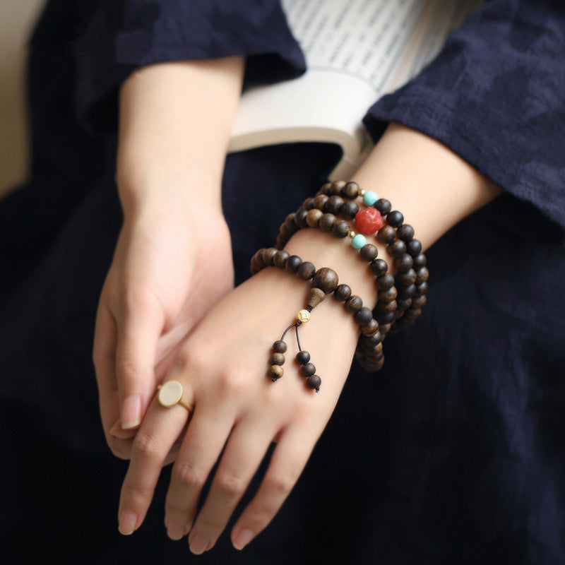 Buddha Stones 108 Mala Beads Agarwood Agata rossa Turchese Braccialetto di meditazione della pace