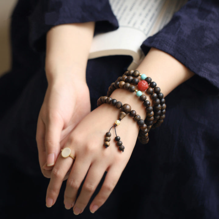 Buddha Stones 108 Mala Beads Agarwood Agata rossa Turchese Braccialetto di meditazione della pace