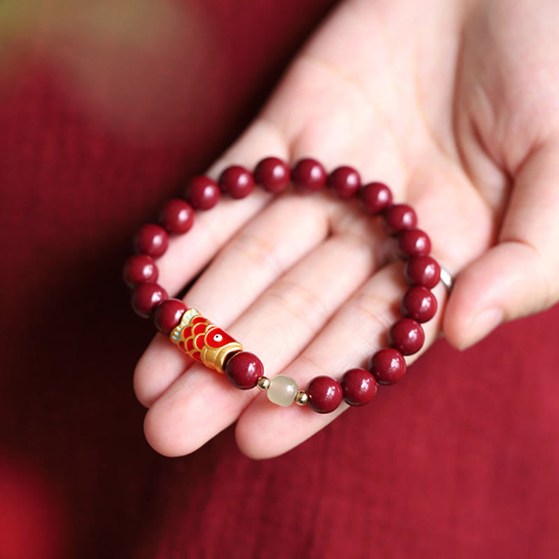 Braccialetto di benedizione con perline di giada Hetian, cinabro naturale, pesce koi fortunato, Buddha Stones