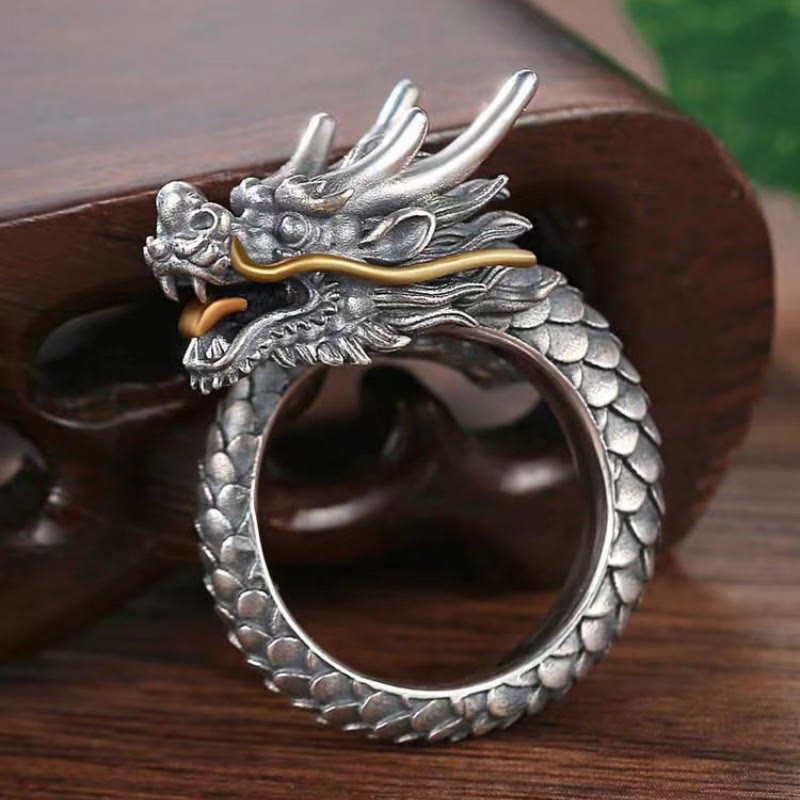 Anello regolabile con design vintage a forma di drago in argento sterling 925 Buddha Stones e forza di protezione - image 1