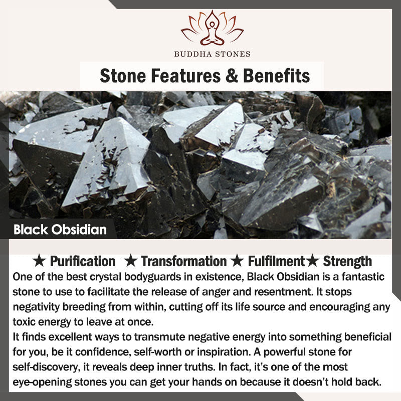 Bracciale Buddha Stones in ossidiana nera naturale e quarzo fumé per la forza di purificazione