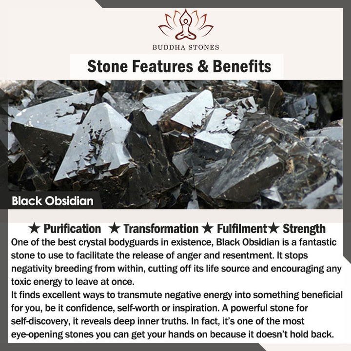 Bracciale Buddha Stones in ossidiana nera naturale e quarzo fumé per la forza di purificazione