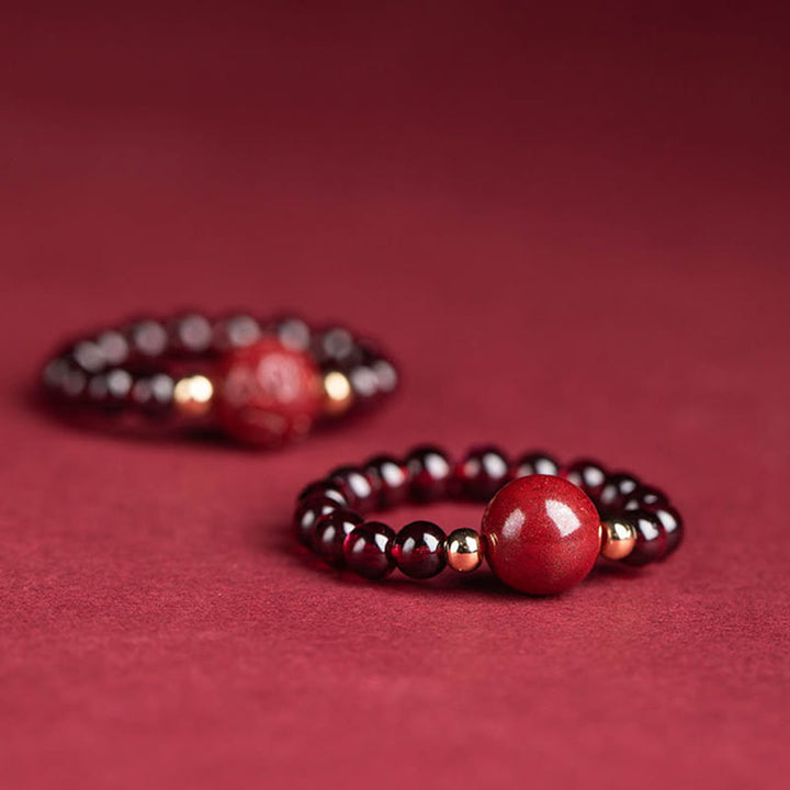 Buddha Stones Granato Cinabro Perlina Fortunata PiXiu Om Mani Padme Hum Anello di Protezione Rosa