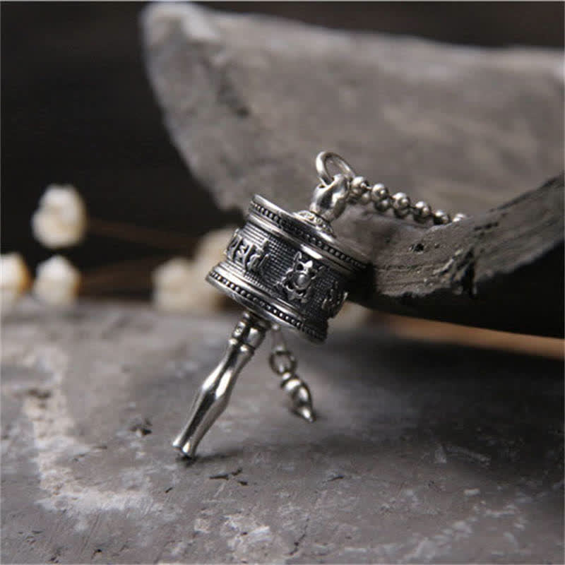 Collana con ciondolo girevole in argento sterling 925 Om Mani Padme Hum con ruota di preghiera Buddha Stones - image 3