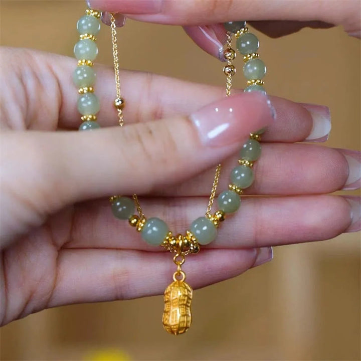 Braccialetto di perline con carattere Fu , Buddha Stones di giada, foglia di ginkgo, tulipano, arachidi e fortuna