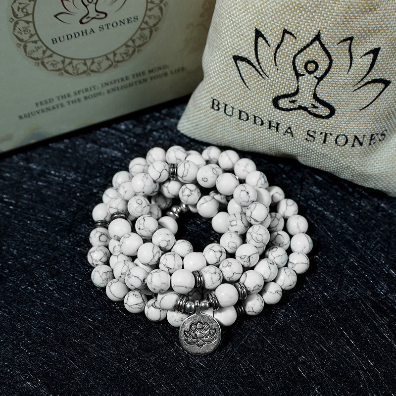 Braccialetto di guarigione Mala di loto turchese bianco Buddha Stones