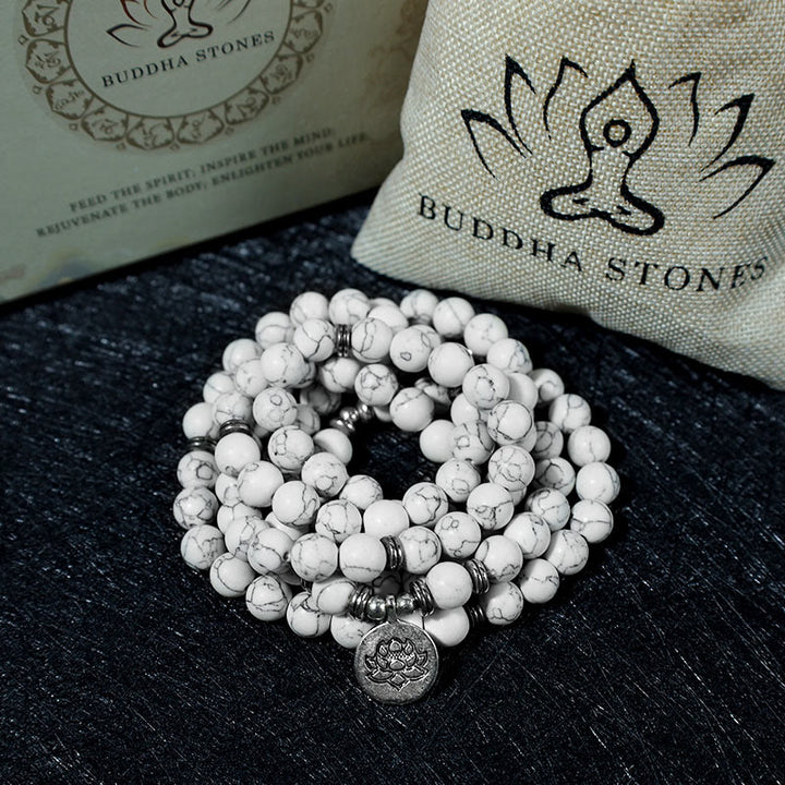 Braccialetto di guarigione Mala di loto turchese bianco Buddha Stones