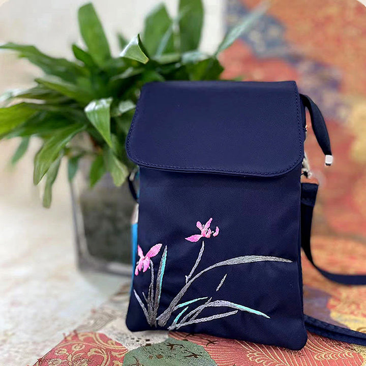 Borsa a tracolla con fiori di loto ricamati a mano, impermeabile , Buddha Stones , borsa per cellulare