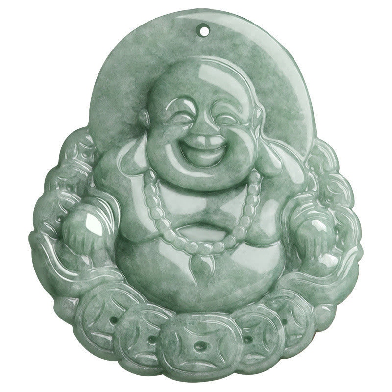 Buddha Stones Buddha che ride Collana con ciondolo in giada naturale con moneta di rame e abbondanza