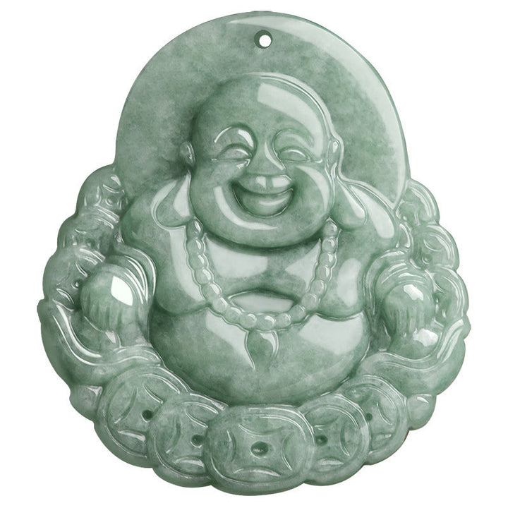 Buddha Stones Buddha che ride Collana con ciondolo in giada naturale con moneta di rame e abbondanza