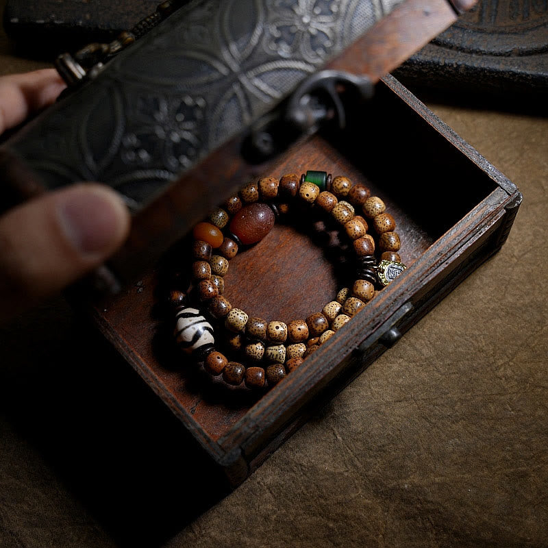 Buddha Stones Semi di Bodhi Tibetano Ambra Perline Dzi Agata Zakiram Dea della Ricchezza Perline Bracciale Triplo Avvolgimento