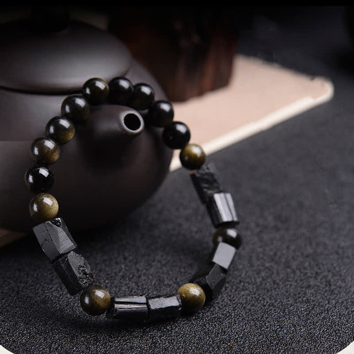 Bracciale Buddha Stones Oro Sheen Ossidiana Tormalina Nera Ricchezza