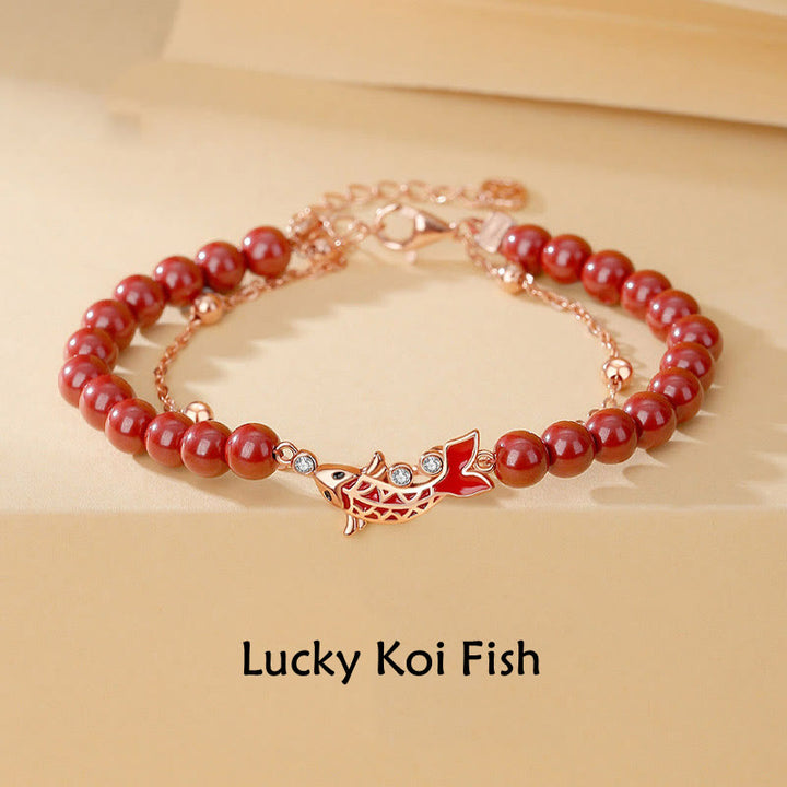 Bracciale a catena a doppio strato con zirconi e cinabro, in argento sterling 925, con pesce koi portafortuna, Buddha Stones - Pesce Koi (Fortuna♥Prosperità) - image 0
