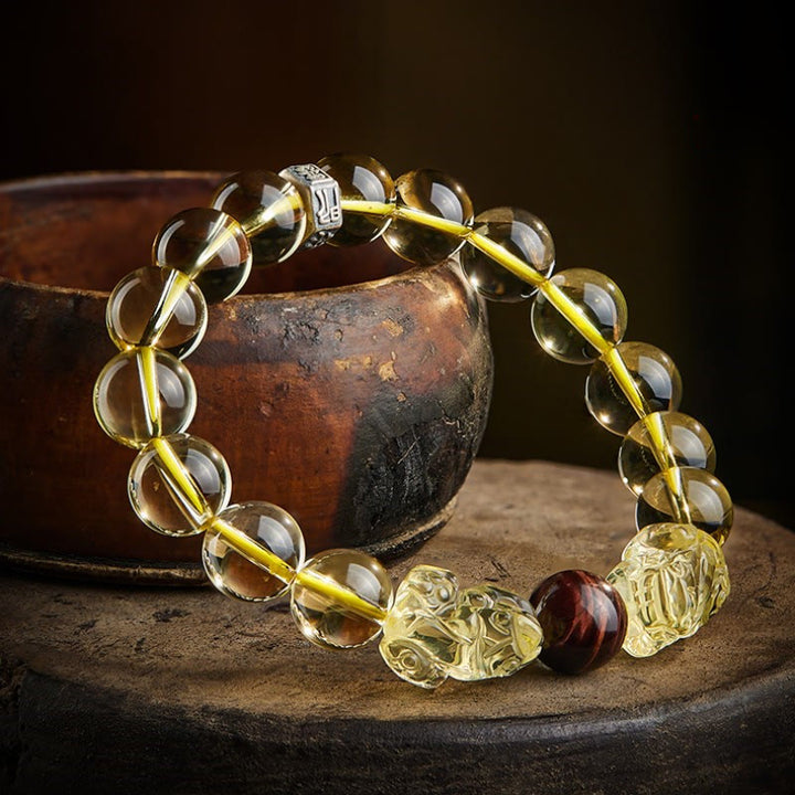 Braccialetto di protezione della prosperità con occhio di tigre PiXiu e citrino naturale Buddha Stones
