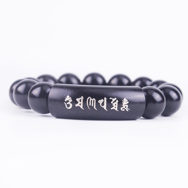 Bracciale intarsiato in legno di ebano con Buddha Stones in argento sterling 999 Om Mani Padme Hum