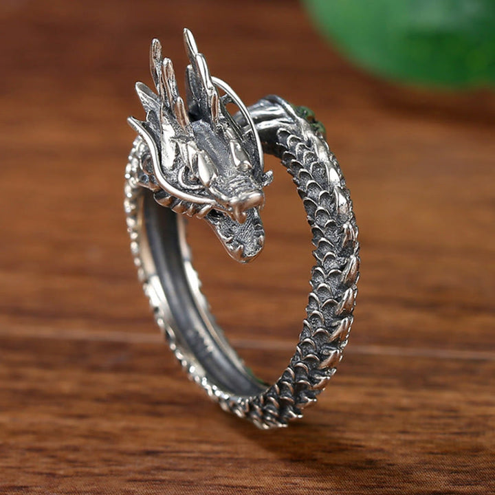 Anello regolabile Buddha Stones 925 Sterling Silver Vintage Dragon Success Protection Strength