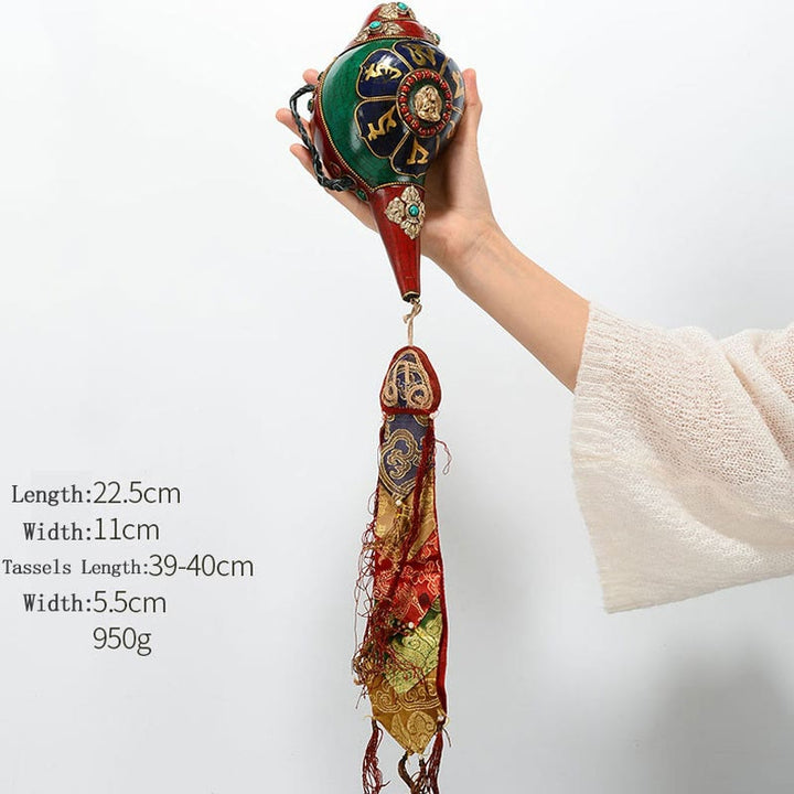 Shankha tibetano fatto a mano Om Mani Padme Hum Buddha Avalokitesvara Turchese Conchiglia Decorazione positiva - Om Mani Padme Hum-Amoghasiddhi Buddha 22,5 * 11 cm - image 21