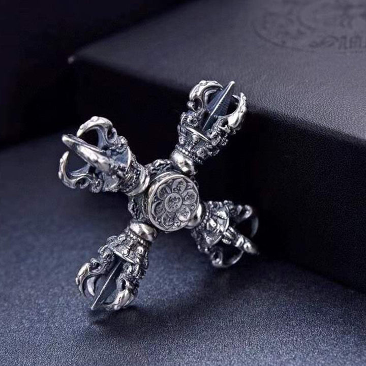 Buddha Stones Tibetano Argento Sterling 925 Doppio Dorje Vajra Inciso Ciondolo Potere Spirituale