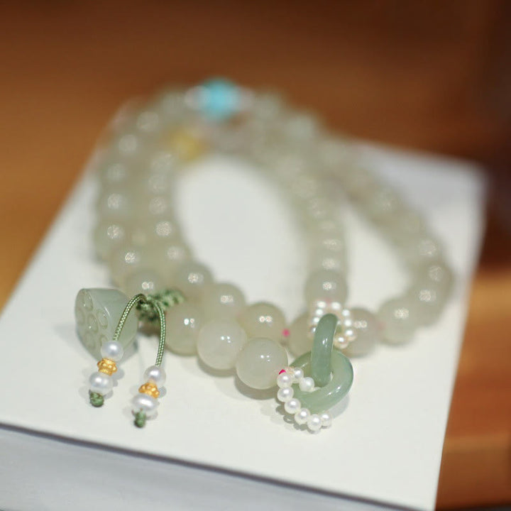 Braccialetto a doppio giro con fibbia della pace in giada Hetian in argento sterling 925 Buddha Stones Lotus Luck