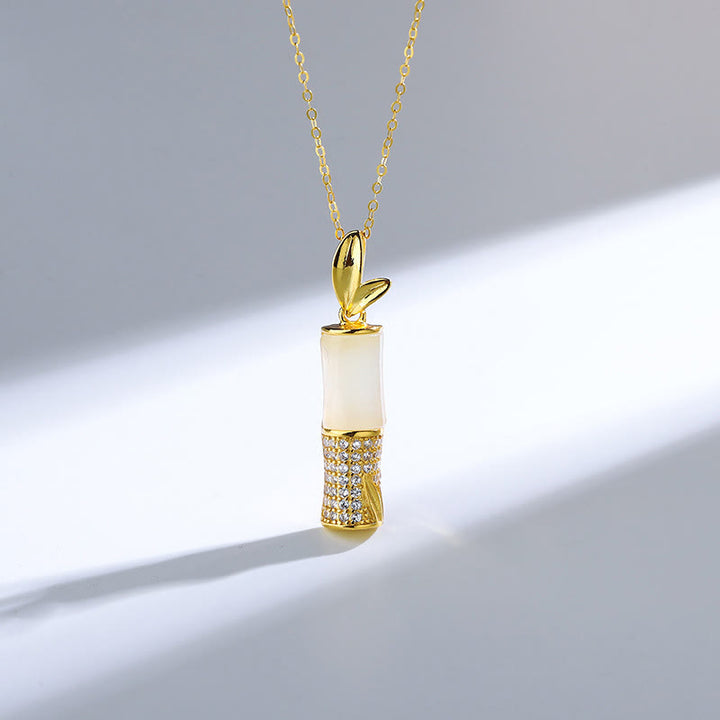 Collana con ciondolo in argento sterling 925 Buddha Stones, giada bianca Hetian e bambù, felicità