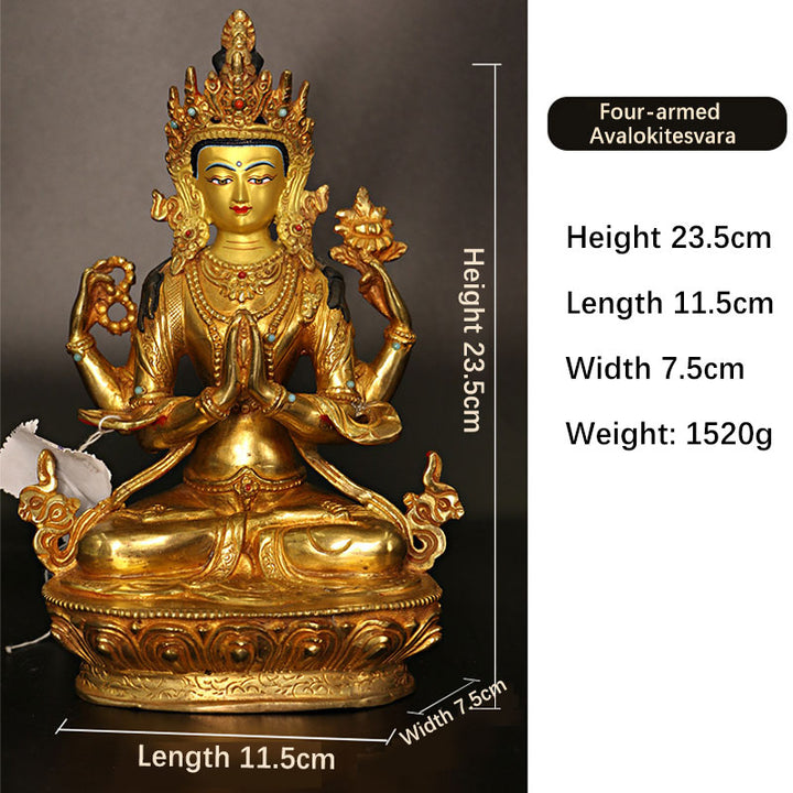 Bodhisattva Tara Chenrezig Avalokitesvara a quattro braccia Protezione Statua placcata in oro e rame Decorazione