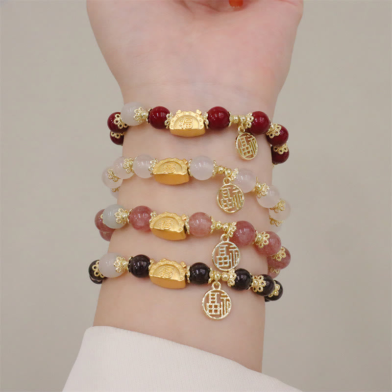 Buddha Stones Anno del Drago Agata Rossa Quarzo Fragola Ossidiana Nera Giada Granato Perla Cinabro Drago Gnocco Fortuna Fu Bracciale Personaggio - image 2