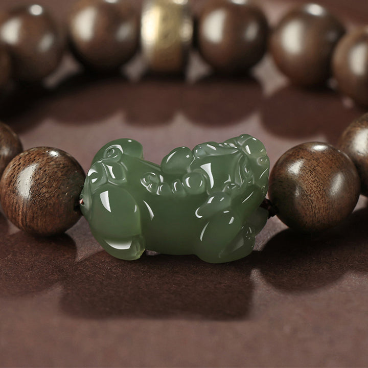 Bracciale Buddha Stones 925 Sterling Silver Brunei Agarwood PiXiu Jade Peace Strength