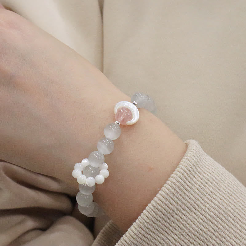 Braccialetto di Buddha Stones in argento sterling 925 con ametista naturale, acquamarina, cristallo rosa, occhio di gatto, guarigione, luna crescente