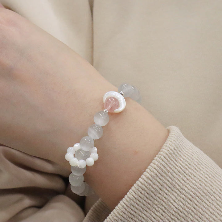 Braccialetto di Buddha Stones in argento sterling 925 con ametista naturale, acquamarina, cristallo rosa, occhio di gatto, guarigione, luna crescente - Occhio di gatto (supporto per la pace) (circonferenza del polso 14-16 cm) - image 18