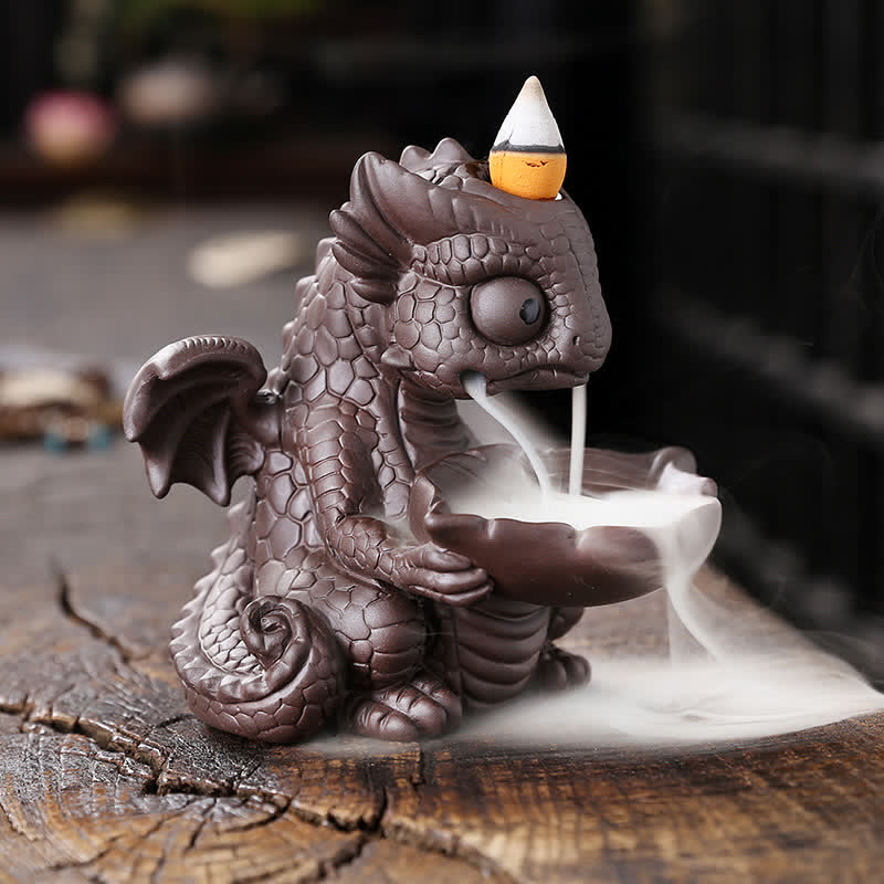 Bella fontana di fumo a riflusso in argilla viola con dinosauro, decorazione per bruciatore di incenso curativo