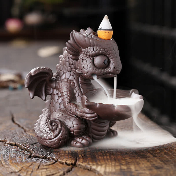 Bella fontana di fumo a riflusso in argilla viola con dinosauro, decorazione per bruciatore di incenso curativo