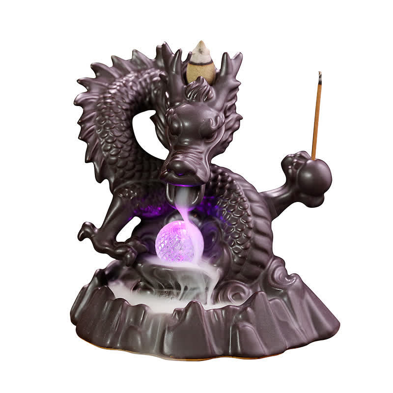 Buddha Stones Drago di buon auspicio Fontana di fumo a riflusso in ceramica Bruciatore di incenso di guarigione Meditazione Decorazione a sfera a LED