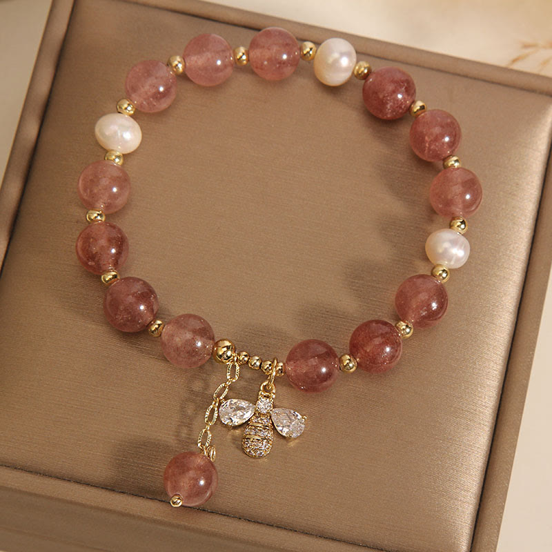 Braccialetto con ciondolo positivo ape con zircone carino e quarzo fragola perla Buddha Stones