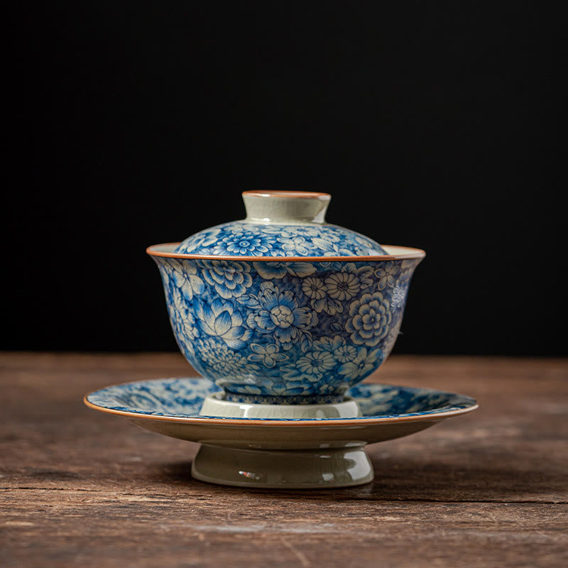 Buddha Stones Vintage Blu e Bianco Porcellana Fiore di Pesco Loto Peonia Ceramica Gaiwan Sancai Tazza da Tè Kung Fu Tazza da Tè e Piattino con Coperchio - image 1