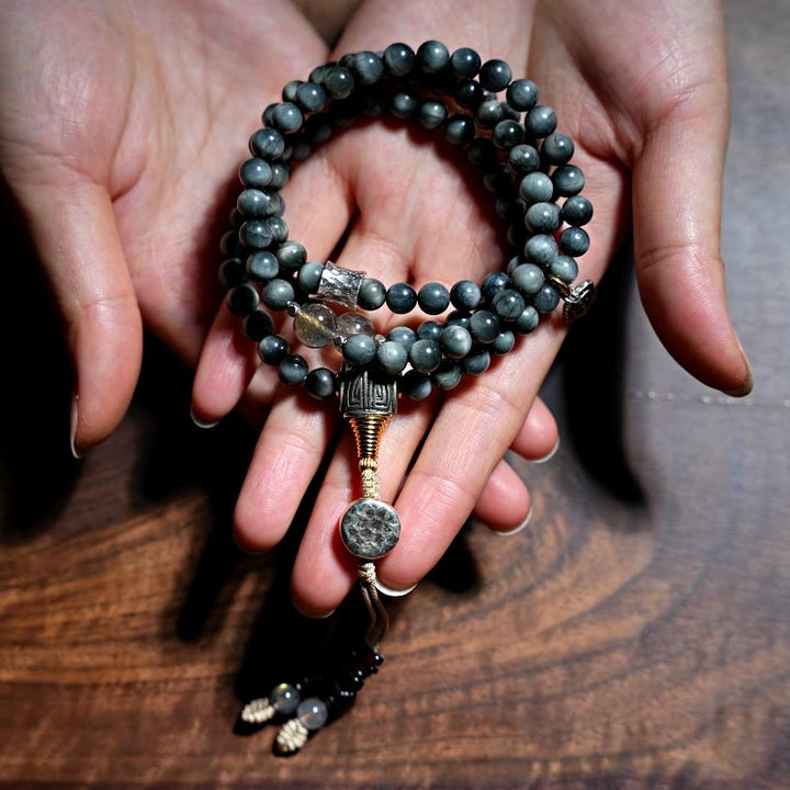 Buddha Stones Argento Sterling 925 108 Perline Mala Pietra Occhio d'Aquila Pietra di Luna Braccialetto Positivo