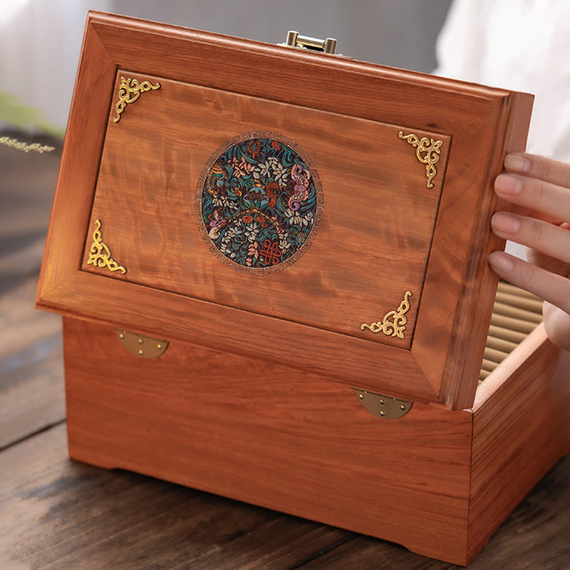 Scatola portaoggetti antica in palissandro fatta a mano con serratura, grande, a doppio strato, con fiori, in legno, regalo, organizer