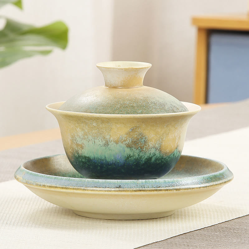 Buddha Stones Green Ocean Waves Design Porcellana Ceramica Gaiwan Sancai Tazza da tè Kung Fu Tazza da tè e piattino con coperchio