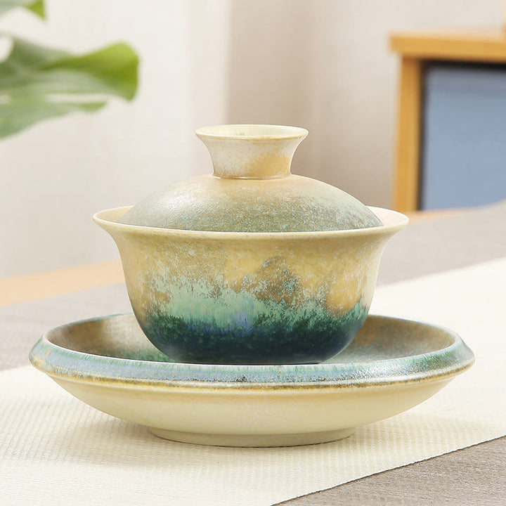 Buddha Stones Green Ocean Waves Design Porcellana Ceramica Gaiwan Sancai Tazza da tè Kung Fu Tazza da tè e piattino con coperchio