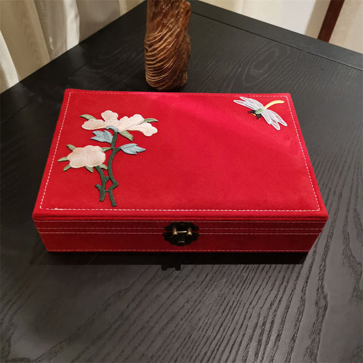Buddha Stones Flowers Dragonfly Jewelry Box Organizer Scatola portaoggetti per gioielli a strato singolo Scatola di flanella