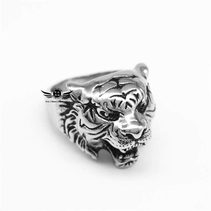 Anello da motociclista punk rock con testa di tigre in titanio e acciaio da uomo