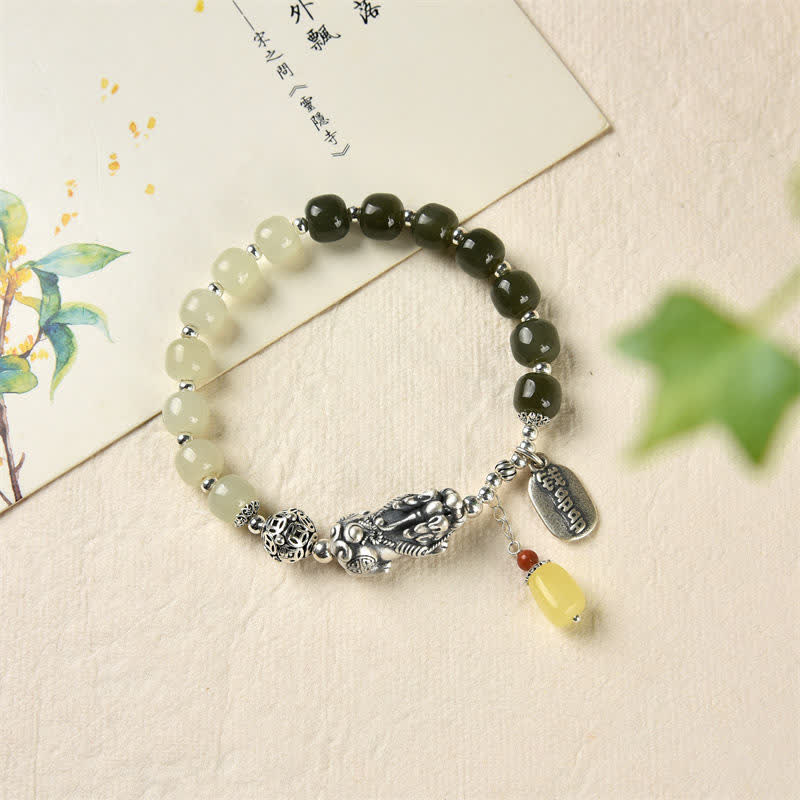 Braccialetto della fortuna PiXiu in argento sterling 925 Buddha Stones e giada naturale di Hetian e ambra