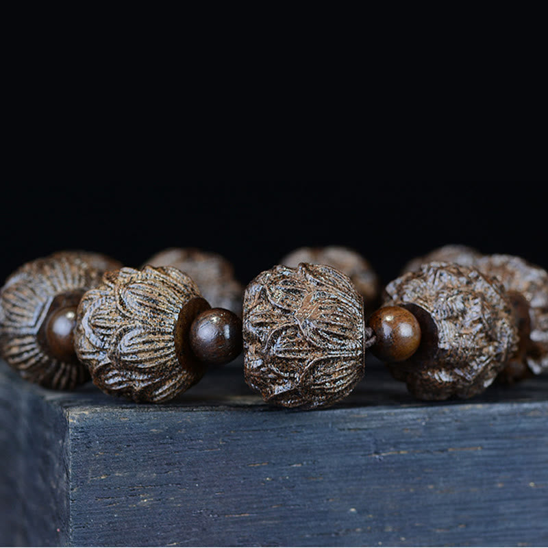 Braccialetto di equilibrio inciso Buddha Stones, legno di ebano, diciotto Arhat, drago di loto