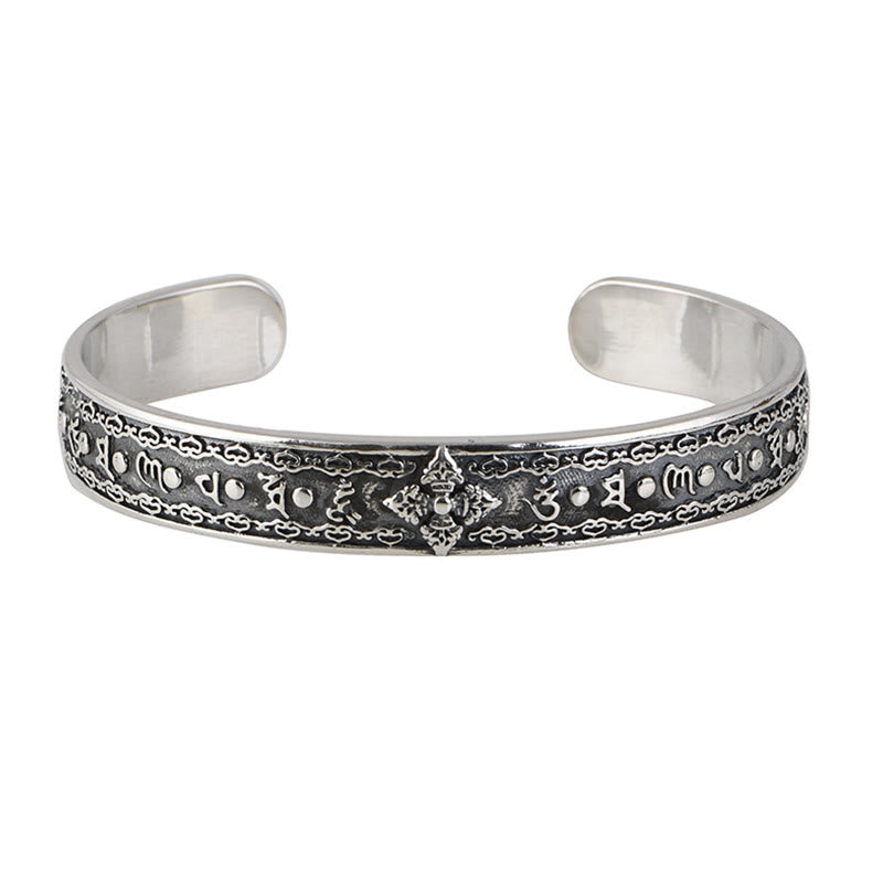 Bracciale rigido con Buddha Stones in argento sterling 925 Om Mani Padme Hum con doppio Dorje inciso e saggezza