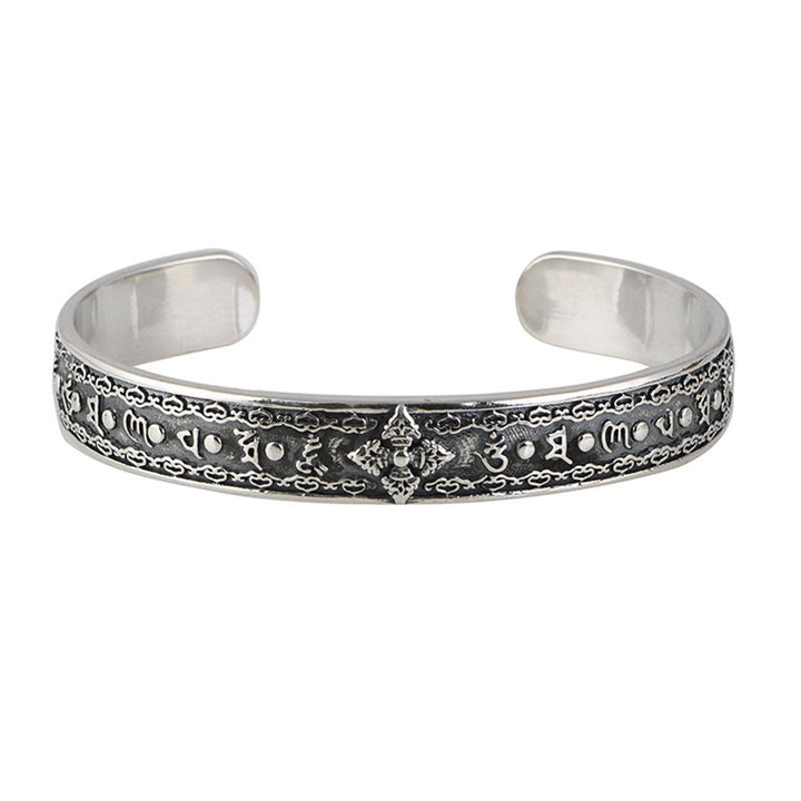 Bracciale rigido con Buddha Stones in argento sterling 925 Om Mani Padme Hum con doppio Dorje inciso e saggezza